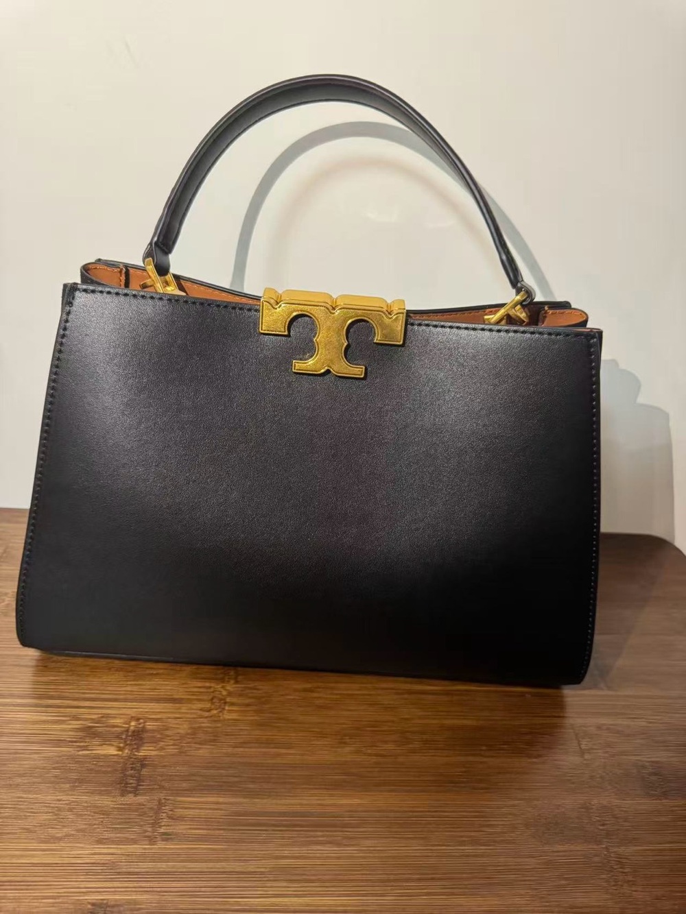 Tory Burch Black Leather Top Handle Satchel with Gold-Tone Logo - Picture 1 of 4